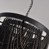 Rustic Farmhouse Dark Brown Wooden Bead Cascade 3-Light Chandelier in Matte Black