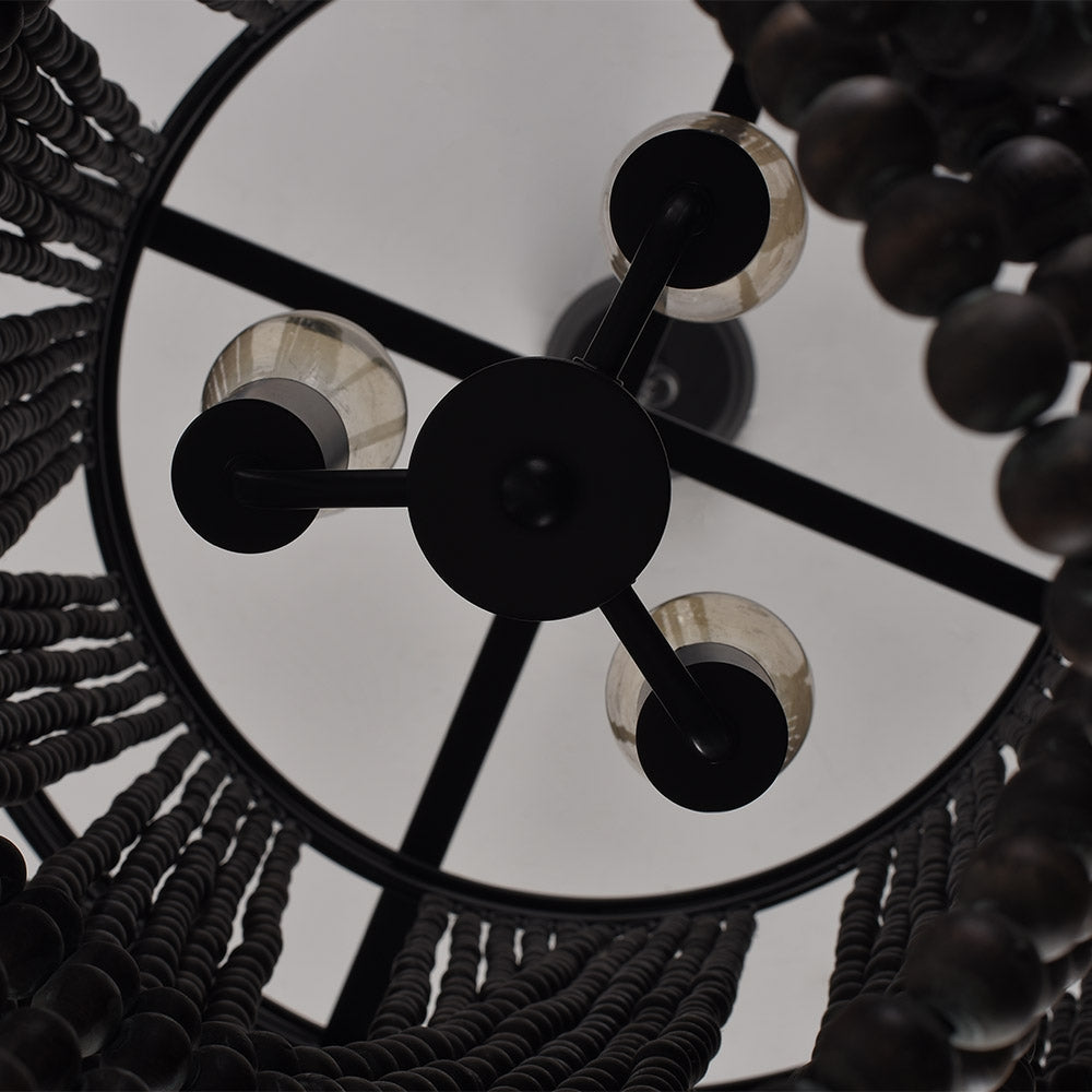 Rustic Farmhouse Dark Brown Wooden Bead Cascade 3-Light Chandelier in Matte Black