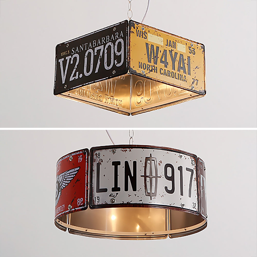 Industrial Square 3-Light Pendant Light Vintage Metal License plate