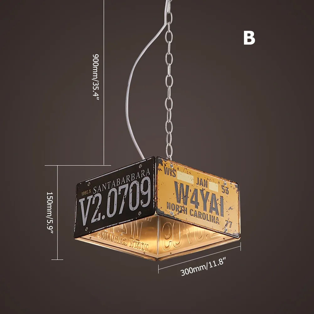 Industrial Square 3-Light Pendant Light Vintage Metal License plate
