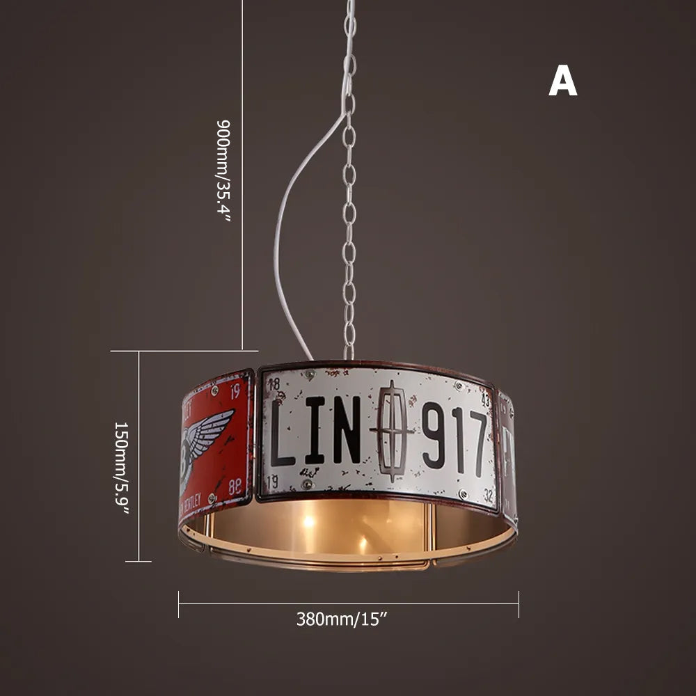 Industrial Square 3-Light Pendant Light Vintage Metal License plate