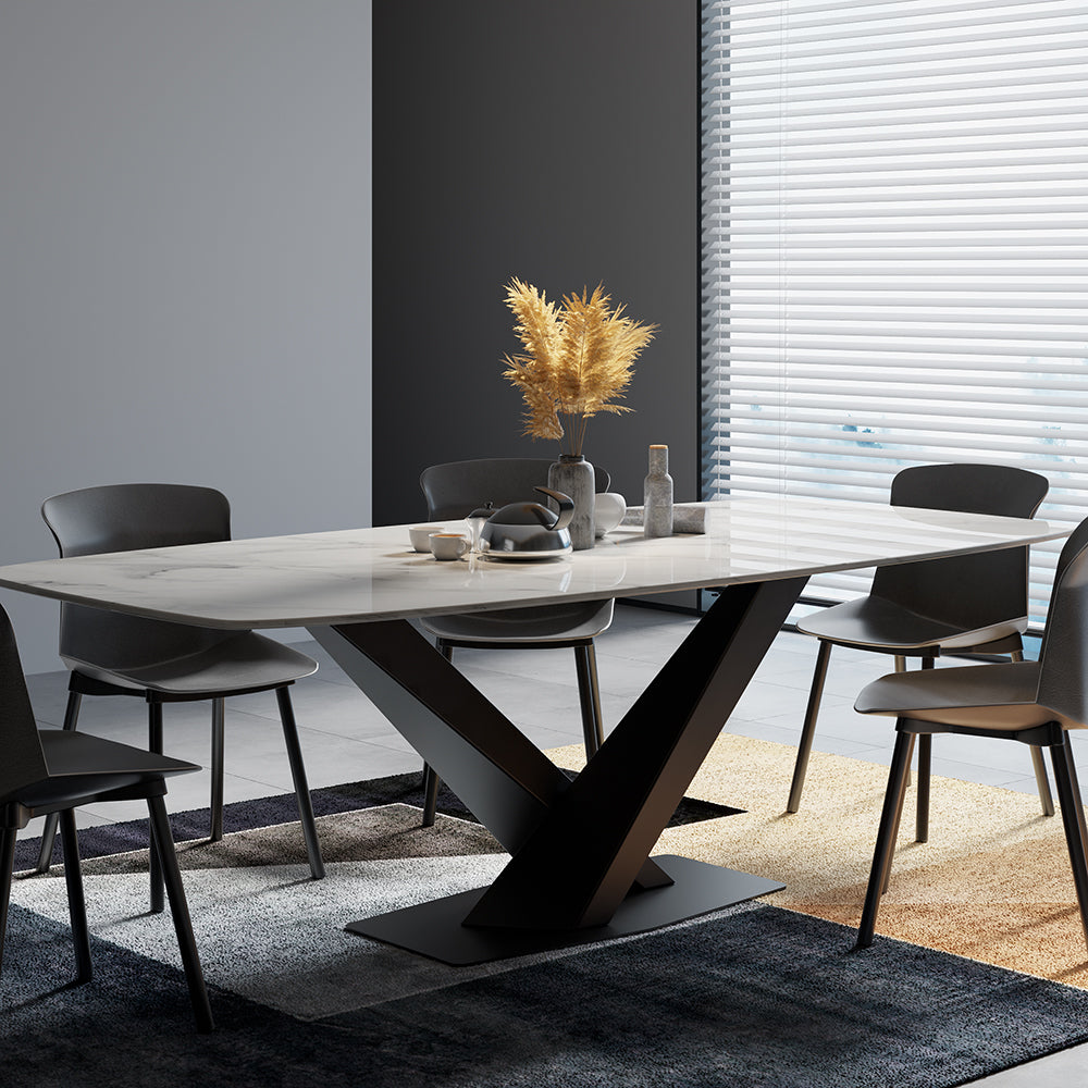 63" Modern Rectangular White Faux Marble Dining Table with Metal X-Base