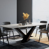 63" Modern Rectangular White Faux Marble Dining Table with Metal X-Base