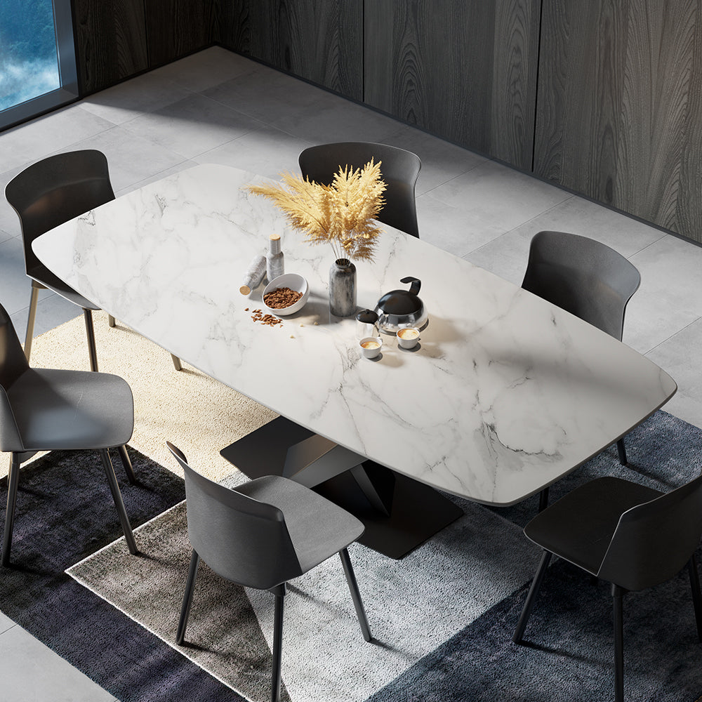 63" Modern Rectangular White Faux Marble Dining Table with Metal X-Base