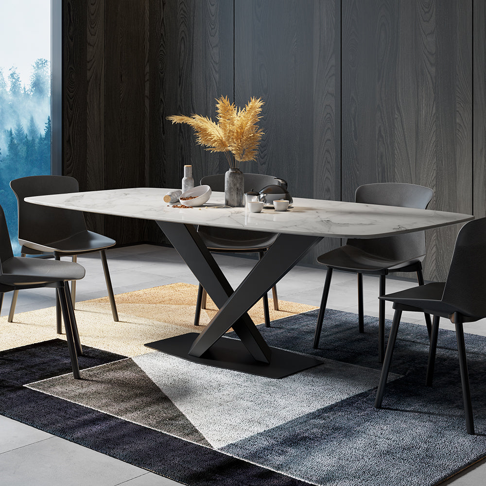 63" Modern Rectangular White Faux Marble Dining Table with Metal X-Base