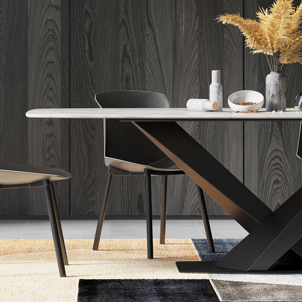 63" Modern Rectangular White Faux Marble Dining Table with Metal X-Base