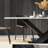 63" Modern Rectangular White Faux Marble Dining Table with Metal X-Base