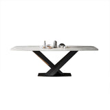 63" Modern Rectangular White Faux Marble Dining Table with Metal X-Base