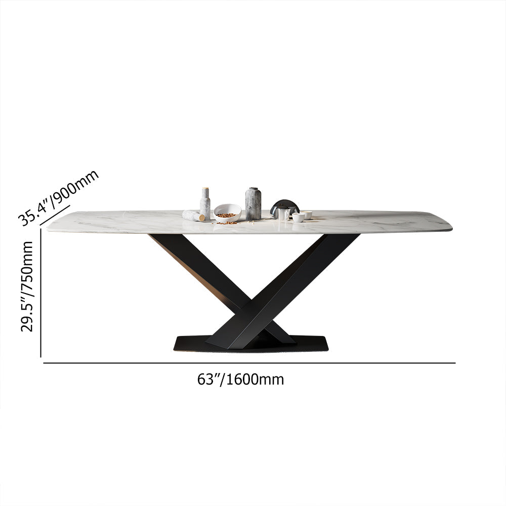 63" Modern Rectangular White Faux Marble Dining Table with Metal X-Base