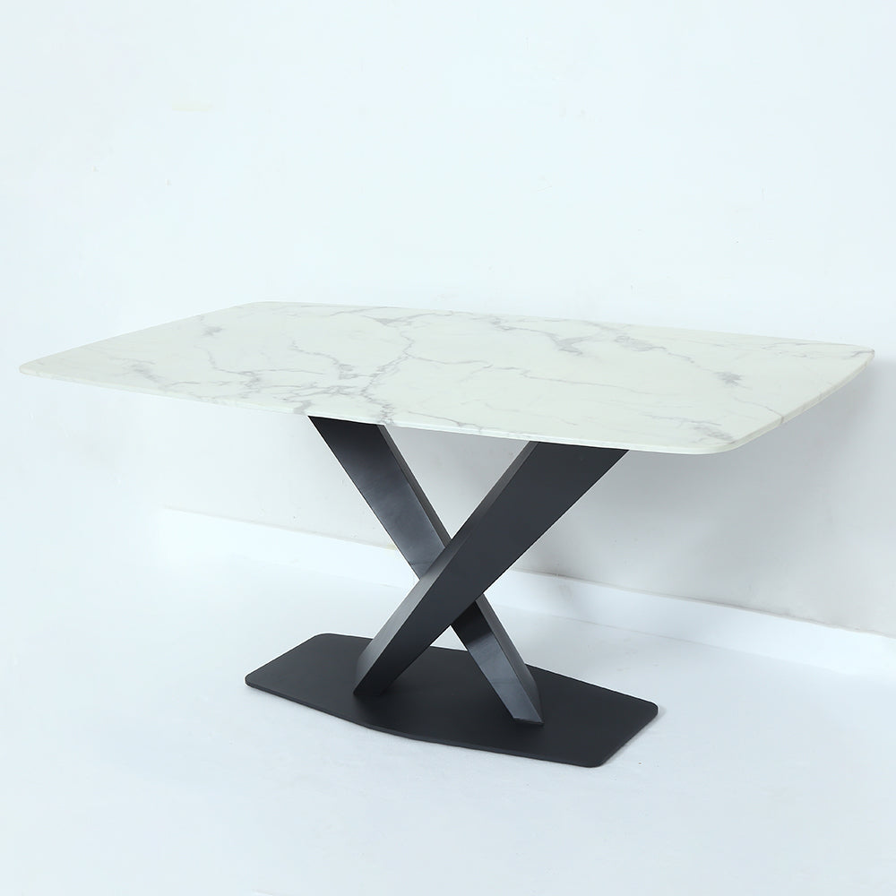 63" Modern Rectangular White Faux Marble Dining Table with Metal X-Base