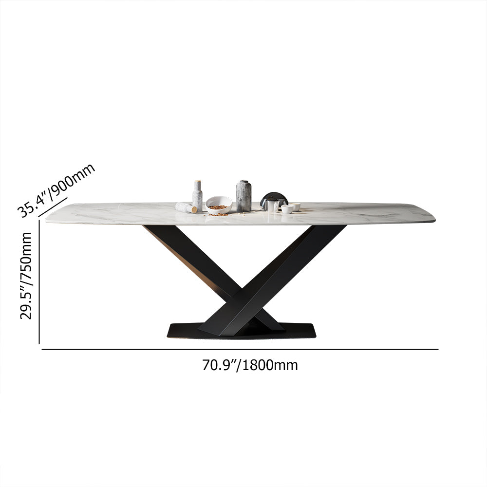 63" Modern Rectangular White Faux Marble Dining Table with Metal X-Base
