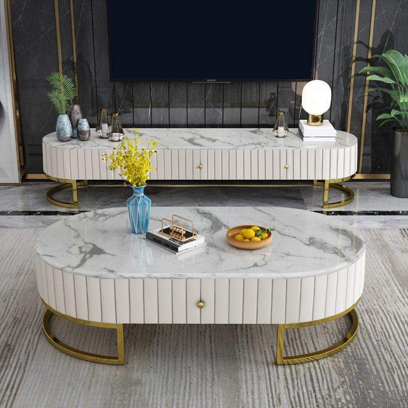 47.6" Modern Oval Faux Marble Top Coffee Table with 2 Drawers Gold Metal Base in White-Coffee Tables,Furniture,Living Room Furniture