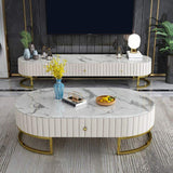 47.6" Modern Oval Faux Marble Top Coffee Table with 2 Drawers Gold Metal Base in White-Coffee Tables,Furniture,Living Room Furniture