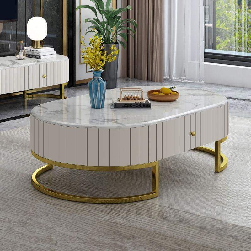 47.6" Modern Oval Faux Marble Top Coffee Table with 2 Drawers Gold Metal Base in White-Coffee Tables,Furniture,Living Room Furniture