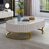 47.6" Modern Oval Faux Marble Top Coffee Table with 2 Drawers Gold Metal Base in White-Coffee Tables,Furniture,Living Room Furniture