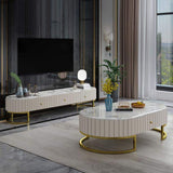47.6" Modern Oval Faux Marble Top Coffee Table with 2 Drawers Gold Metal Base in White-Coffee Tables,Furniture,Living Room Furniture