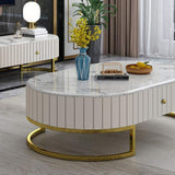 47.6" Modern Oval Faux Marble Top Coffee Table with 2 Drawers Gold Metal Base in White-Coffee Tables,Furniture,Living Room Furniture