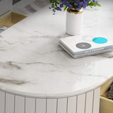 47.6" Modern Oval Faux Marble Top Coffee Table with 2 Drawers Gold Metal Base in White-Coffee Tables,Furniture,Living Room Furniture