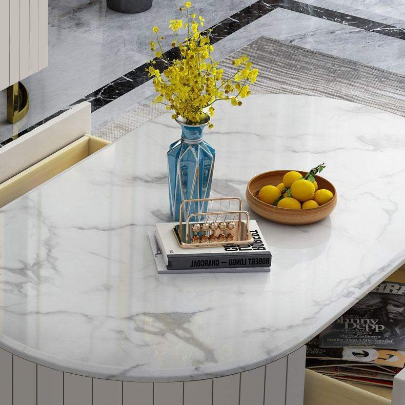 47.6" Modern Oval Faux Marble Top Coffee Table with 2 Drawers Gold Metal Base in White-Coffee Tables,Furniture,Living Room Furniture