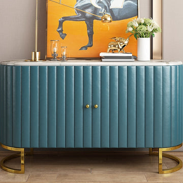 Modern Luxury 2-Door Sideboard with Marble Top Stainless Steel Frame in Gold Cabinet Buffet Table Blue & White