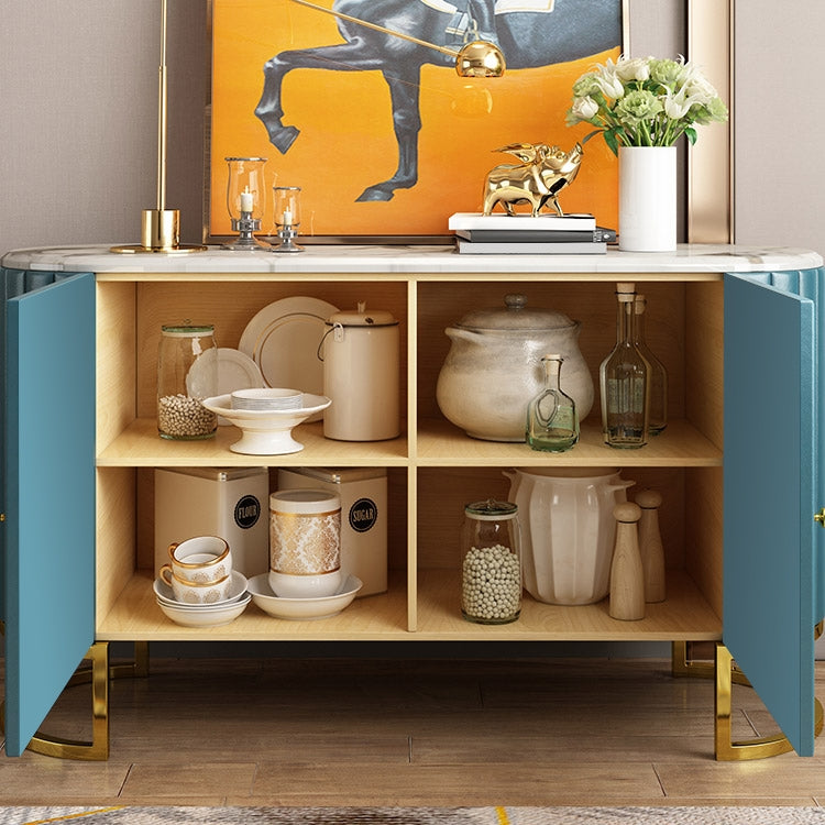 Modern Luxury 2-Door Sideboard with Marble Top Stainless Steel Frame in Gold Cabinet Buffet Table Blue & White
