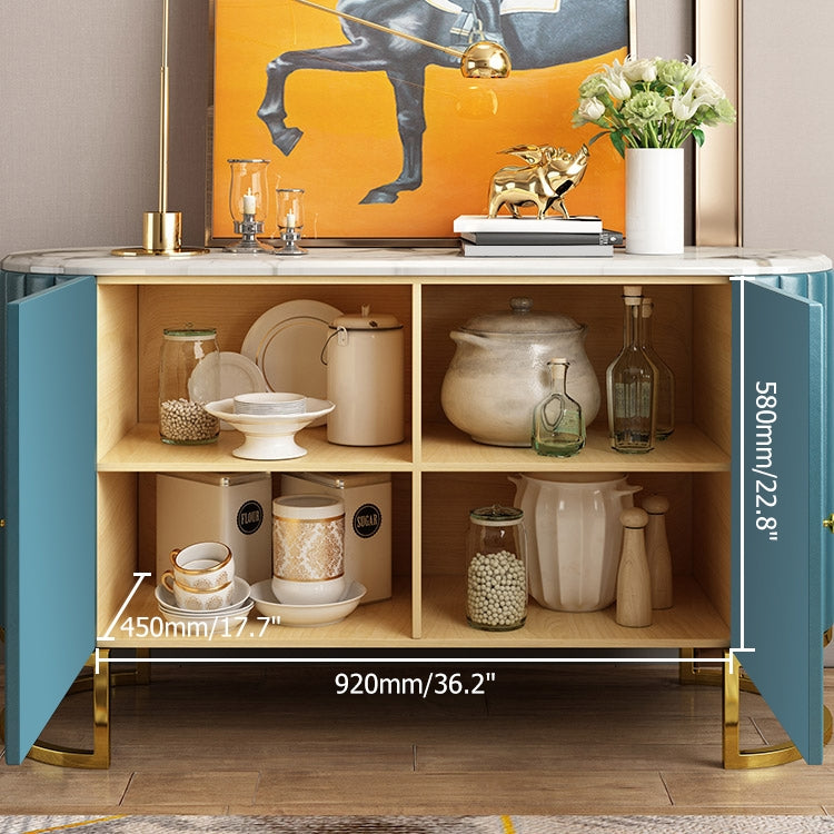Modern Luxury 2-Door Sideboard with Marble Top Stainless Steel Frame in Gold Cabinet Buffet Table Blue & White