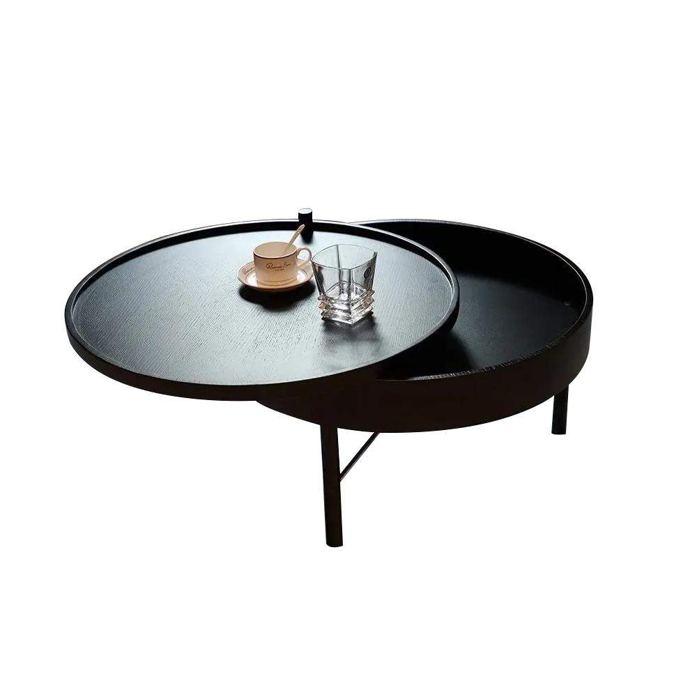 Modern Round Wood Rotating Tray Coffee Table with Storage & Metal Legs in Black-Richsoul-Coffee Tables,Furniture,Living Room Furniture
