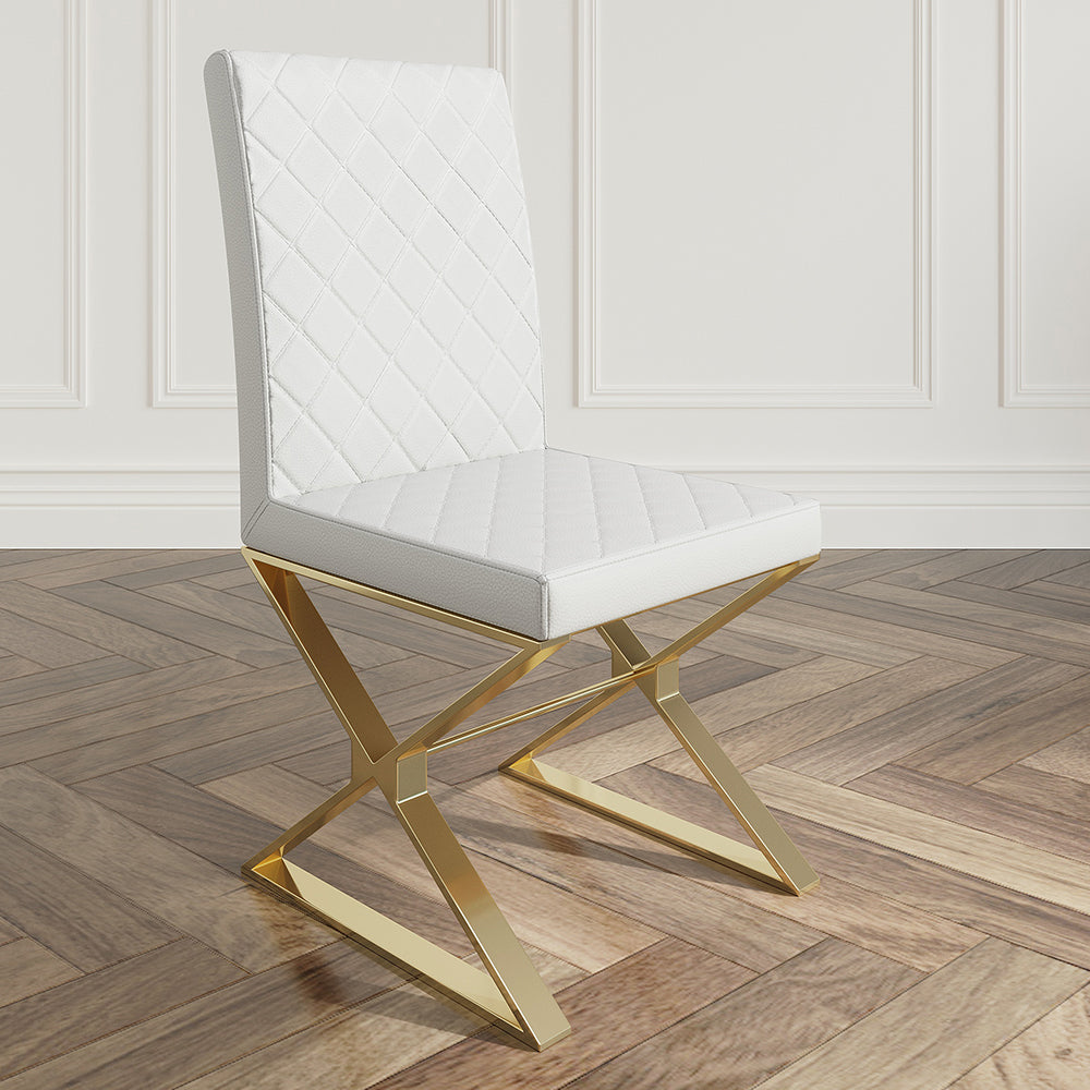 Modern White Leather Dining Room Chair Upholstered Gold Legs Set of 2