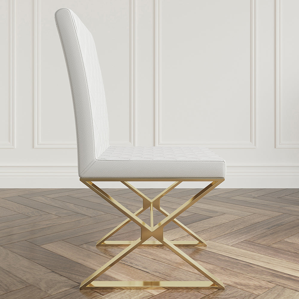 Modern White Leather Dining Room Chair Upholstered Gold Legs Set of 2