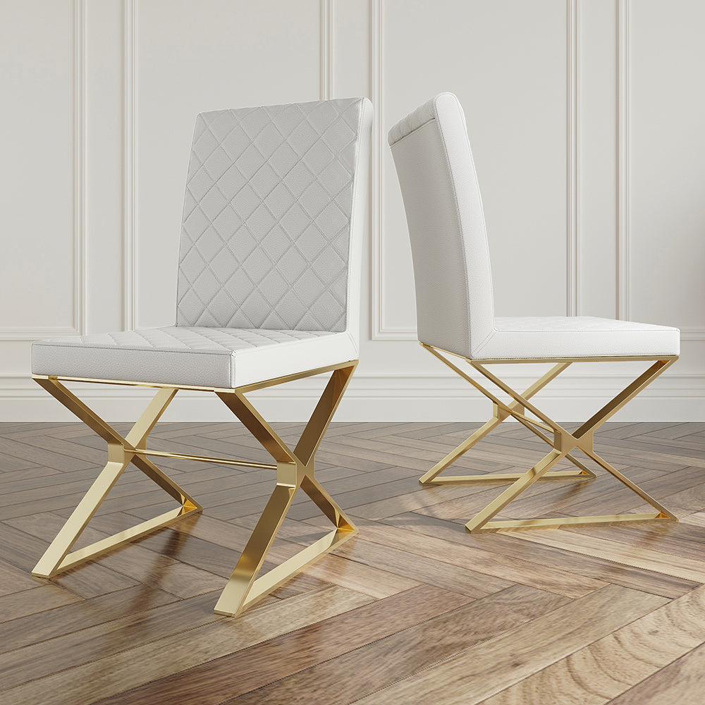 Modern White Leather Dining Room Chair Upholstered Gold Legs Set of 2