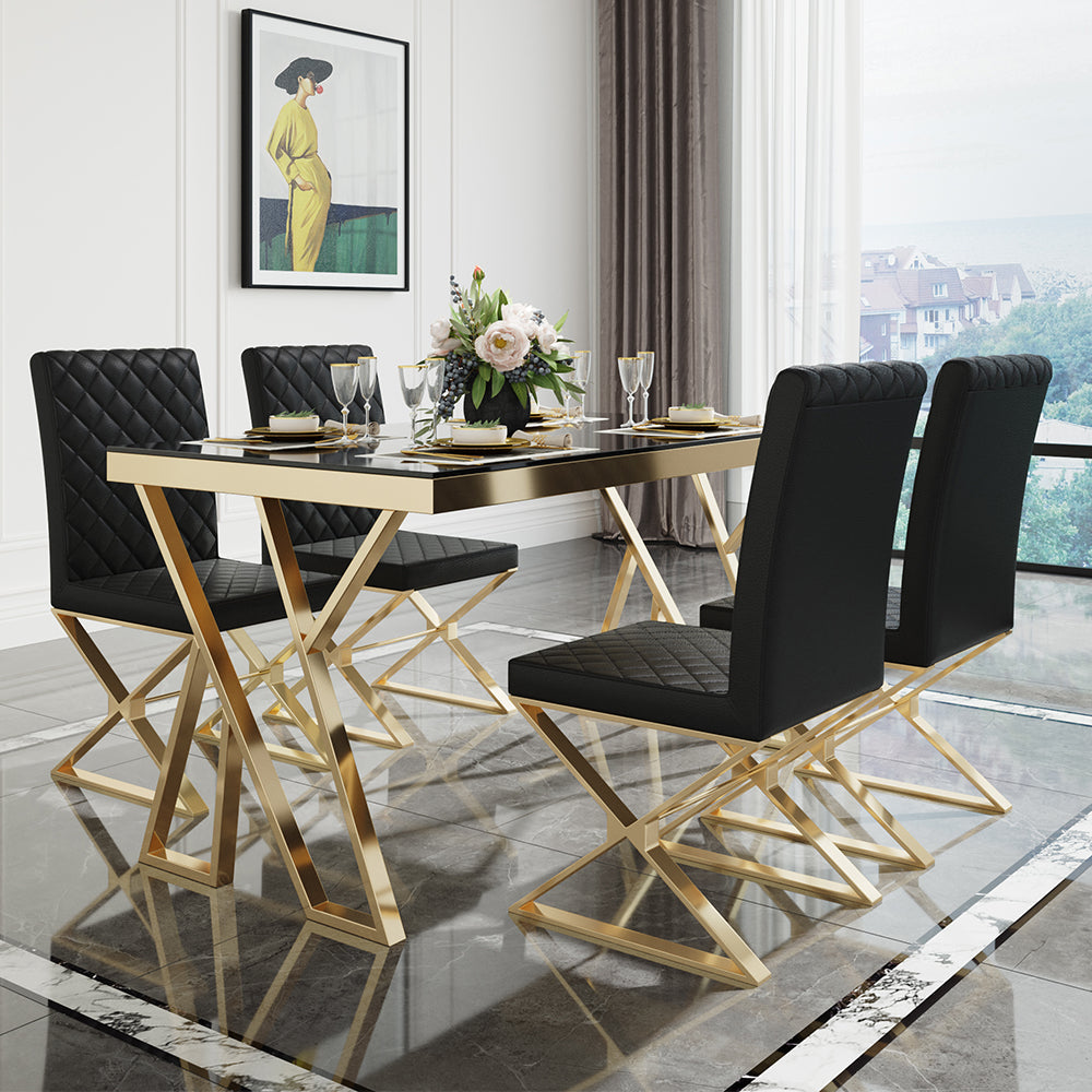 Modern Black Leather Dining Table Chair Upholstered in Gold Set of 2