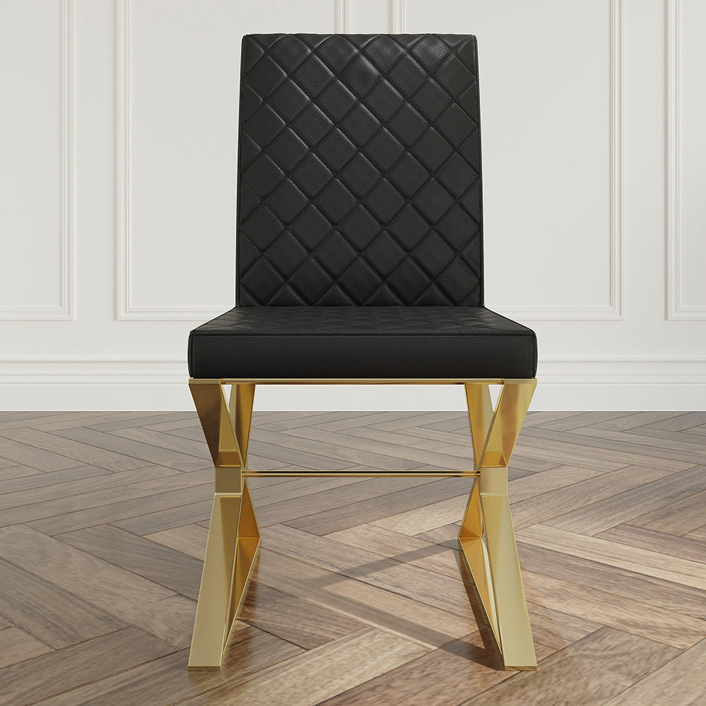 Modern Black Leather Dining Table Chair Upholstered in Gold Set of 2