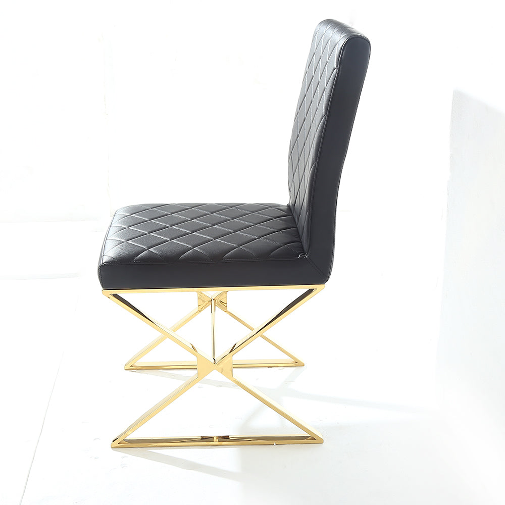 Modern Black Leather Dining Table Chair Upholstered in Gold Set of 2