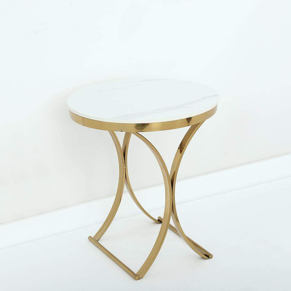 Modern Luxurious Round White Stone Side Table X-Base End Table in Gold-Richsoul-End & Side Tables,Furniture,Living Room Furniture