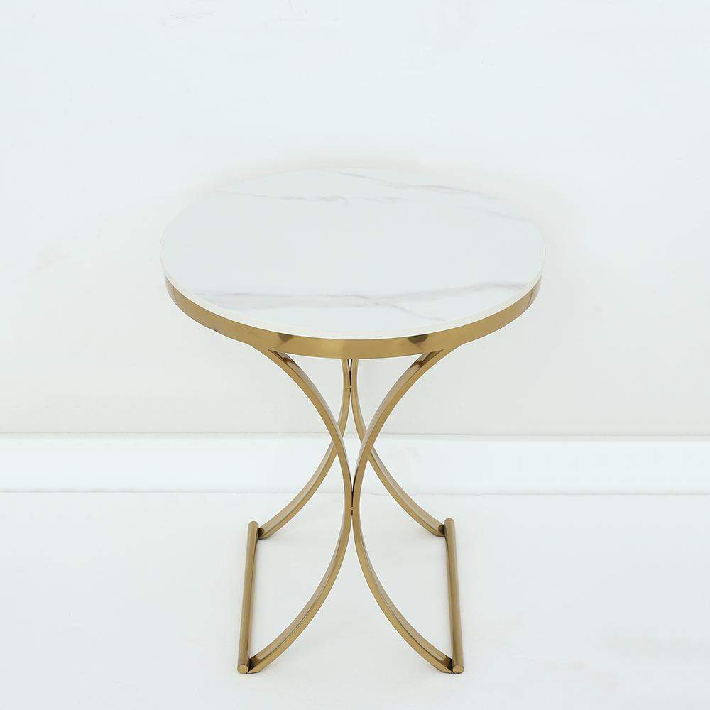 Modern Luxurious Round White Stone Side Table X-Base End Table in Gold-Richsoul-End & Side Tables,Furniture,Living Room Furniture