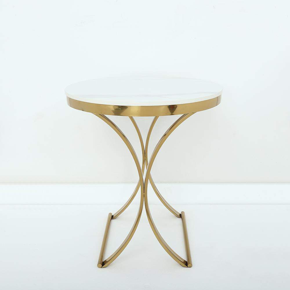 Modern Luxurious Round White Stone Side Table X-Base End Table in Gold-Richsoul-End & Side Tables,Furniture,Living Room Furniture