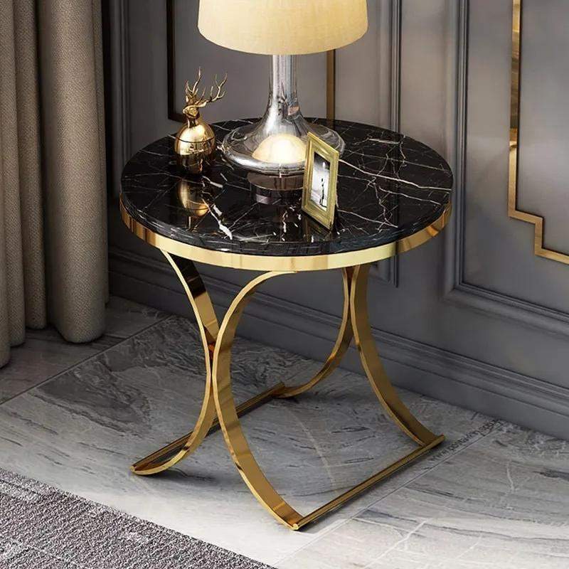 Modern Luxurious Round White Stone Side Table X-Base End Table in Gold-Richsoul-End & Side Tables,Furniture,Living Room Furniture