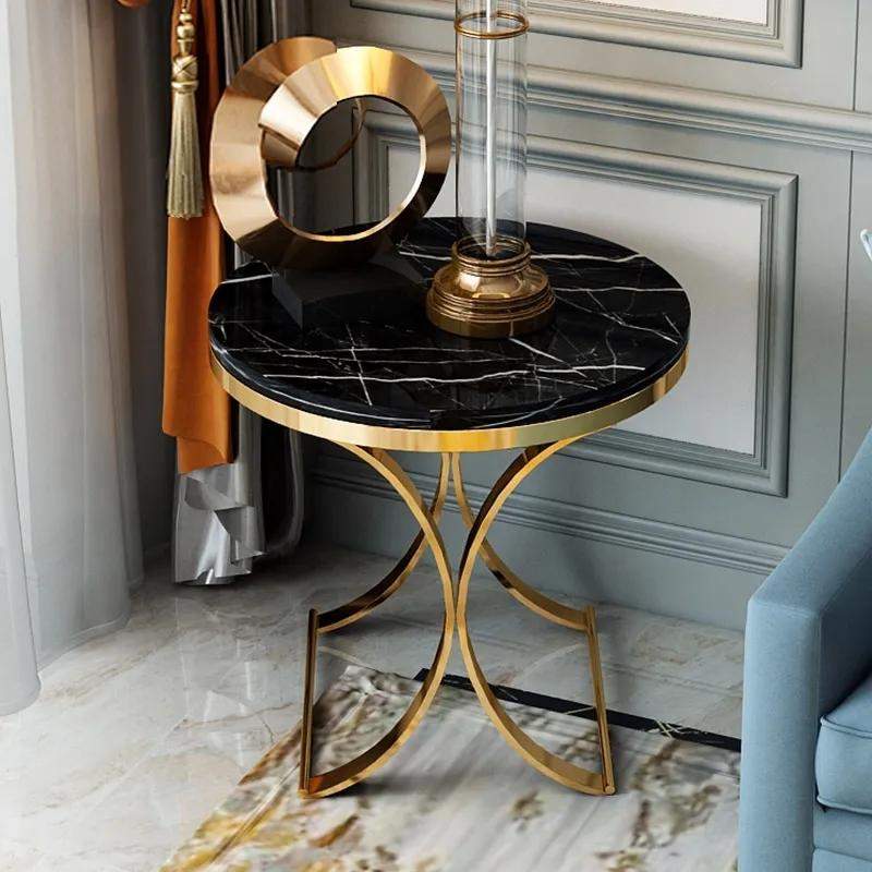 Modern Luxurious Round White Stone Side Table X-Base End Table in Gold-Richsoul-End & Side Tables,Furniture,Living Room Furniture