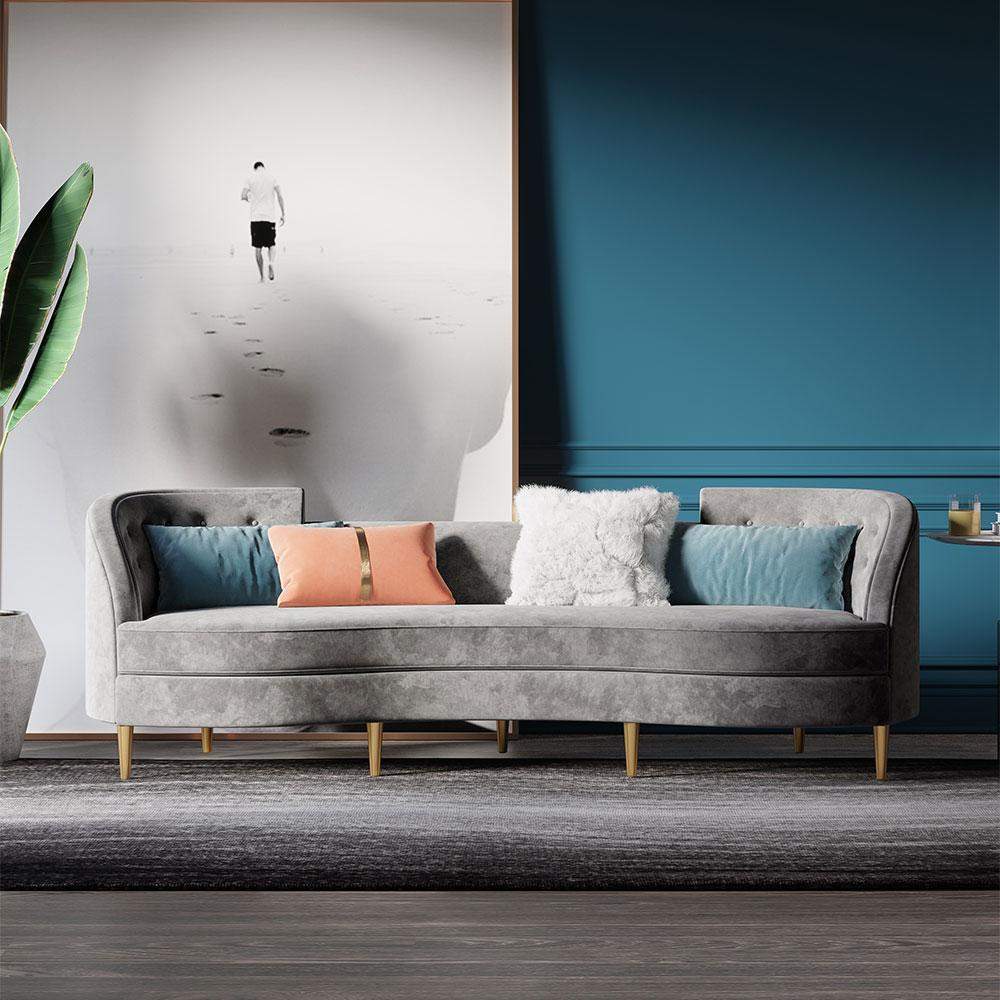 Modern 102.4" Gray Velvet Upholstered 4-Seater Sofa with Gold Legs & Solid Wood Frame-Richsoul-Furniture,Living Room Furniture,Sofas & Loveseats
