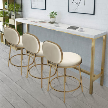 Modern Beige Faux Leather Upholstery Round Counter Stool with Back
