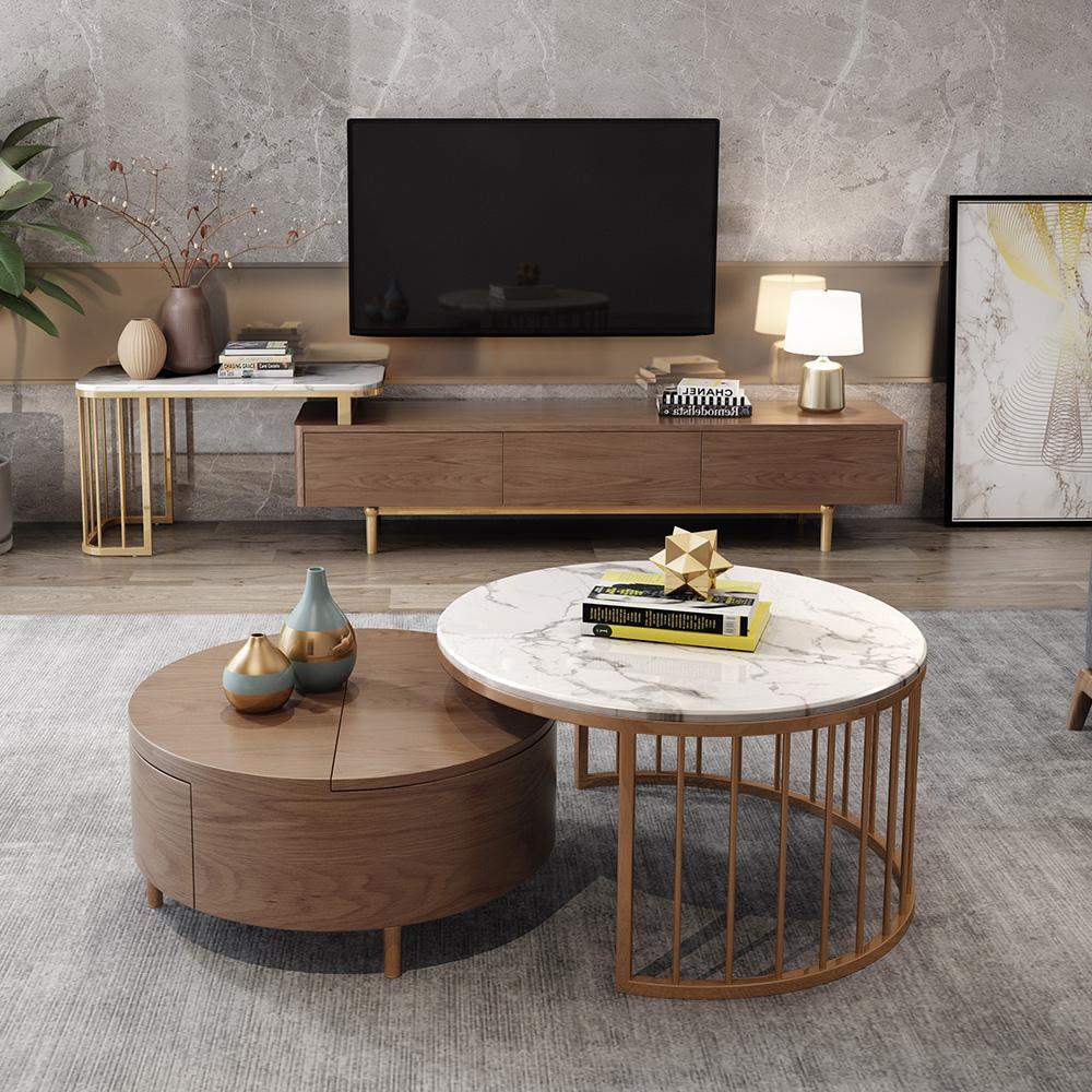 White&Walnut Round Nesting Coffee Table with Storage Rotating Top in Rose Gold Set of 2-Richsoul-Coffee Tables,Furniture,Living Room Furniture