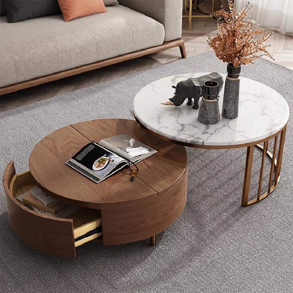 White&Walnut Round Nesting Coffee Table with Storage Rotating Top in Rose Gold Set of 2-Richsoul-Coffee Tables,Furniture,Living Room Furniture