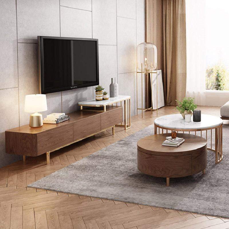 White&Walnut Round Nesting Coffee Table with Storage Rotating Top in Rose Gold Set of 2-Richsoul-Coffee Tables,Furniture,Living Room Furniture