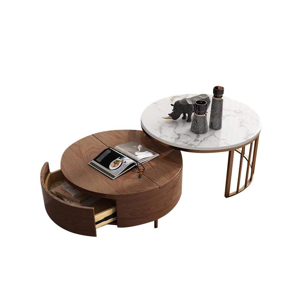 White&Walnut Round Nesting Coffee Table with Storage Rotating Top in Rose Gold Set of 2-Richsoul-Coffee Tables,Furniture,Living Room Furniture