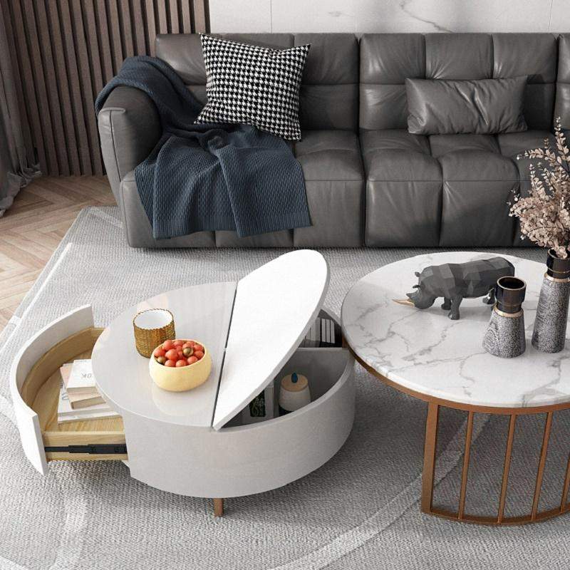 White&Walnut Round Nesting Coffee Table with Storage Rotating Top in Rose Gold Set of 2-Richsoul-Coffee Tables,Furniture,Living Room Furniture