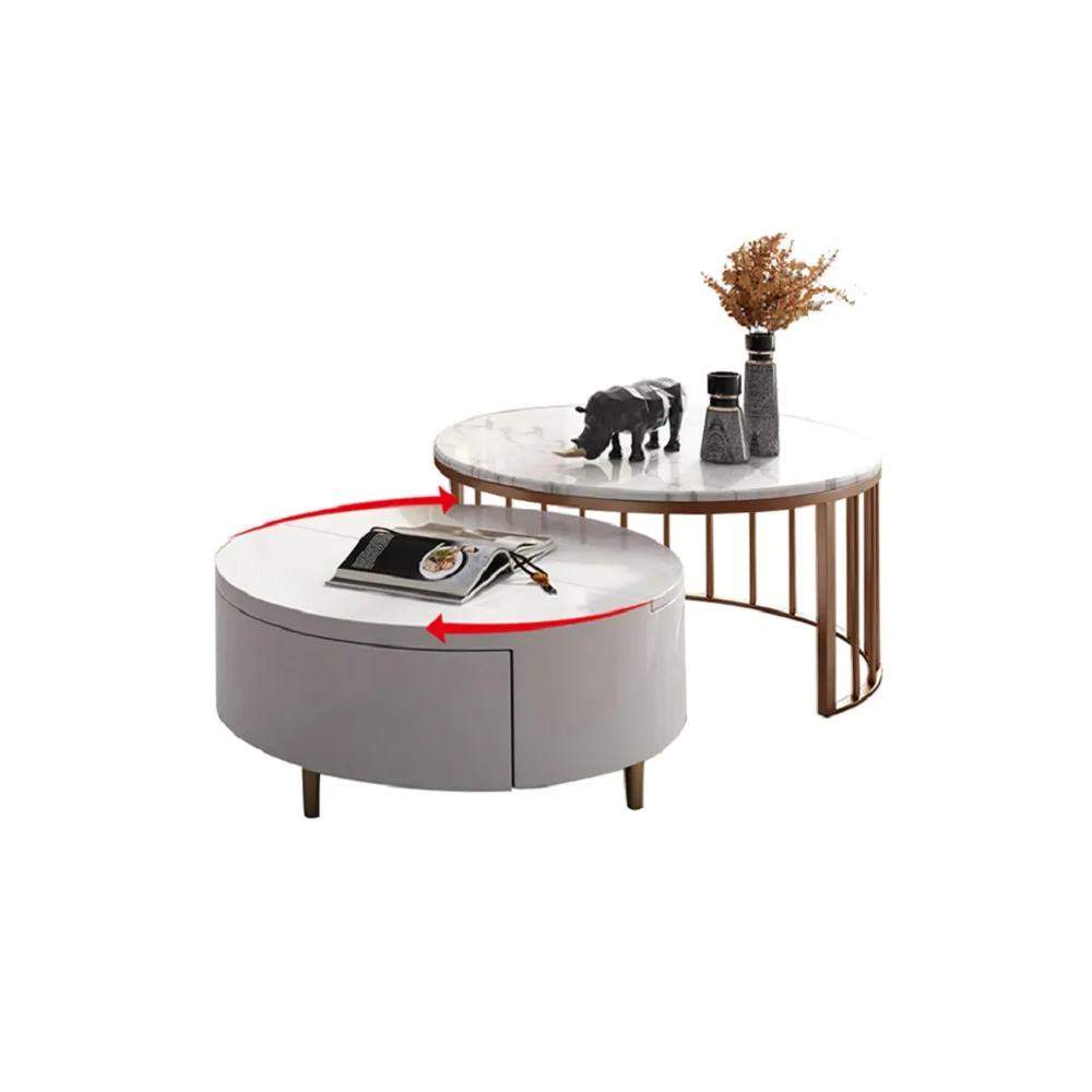 White&Walnut Round Nesting Coffee Table with Storage Rotating Top in Rose Gold Set of 2-Richsoul-Coffee Tables,Furniture,Living Room Furniture
