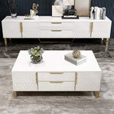 White Rectangular Coffee Table with Storage of Drawers & Doors in Gold