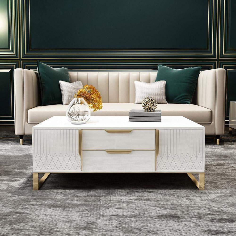 White Rectangular Coffee Table with Storage of Drawers & Doors in Gold-Richsoul-Coffee Tables,Furniture,Living Room Furniture