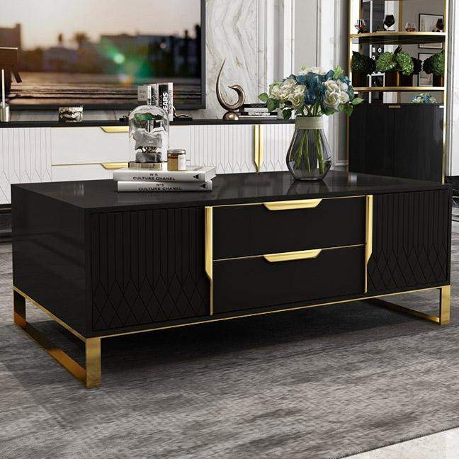White Rectangular Coffee Table with Storage of Drawers & Doors in Gold-Richsoul-Coffee Tables,Furniture,Living Room Furniture
