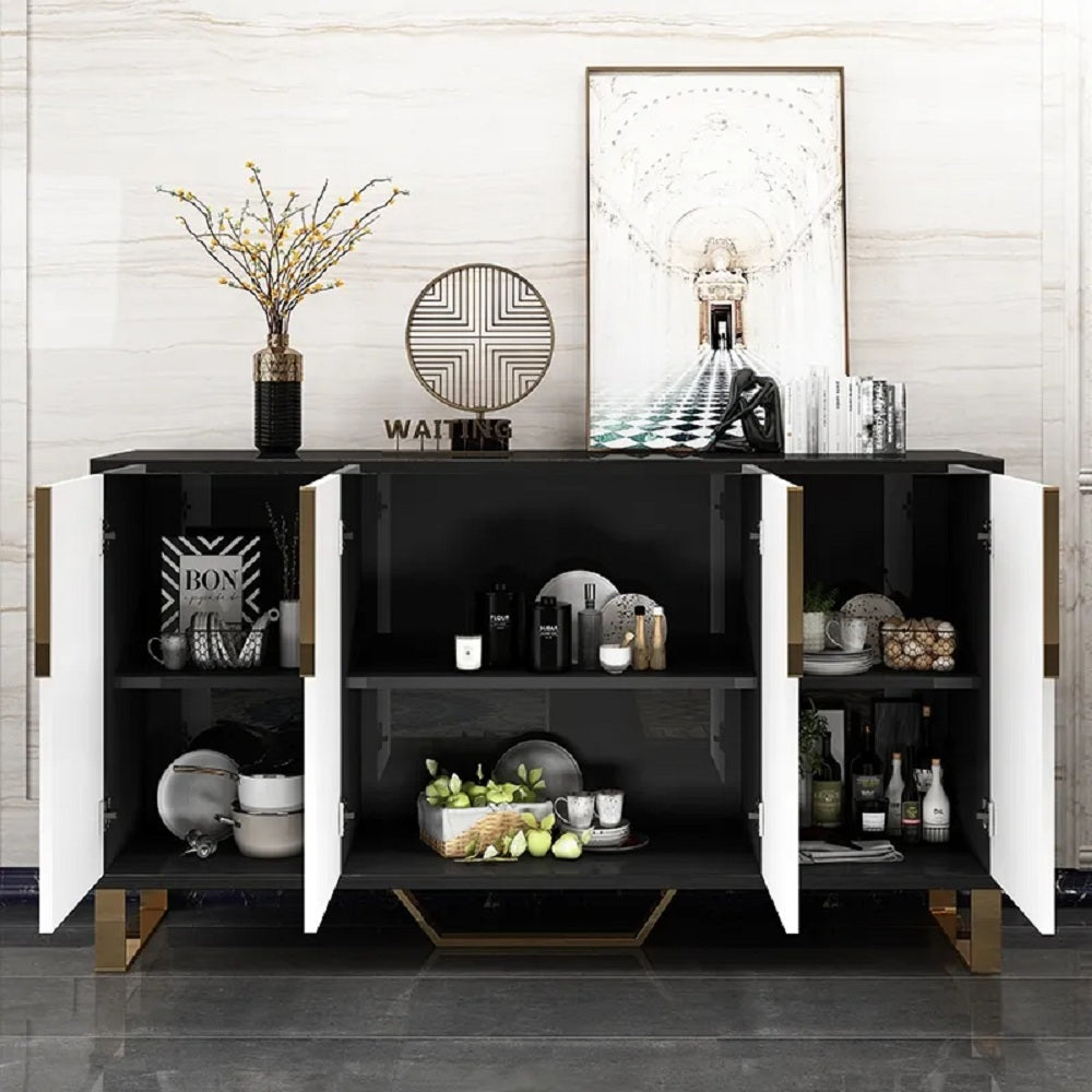 Contemporary White and Black Wood Sideboard Buffet Table 4 Doors for Kitchen Storage 60"
